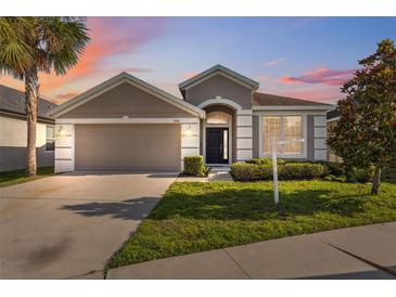 Charming single-story home with a well-manicured lawn, complemented by lush landscaping and mature trees at 7326 Blue Beech Dr, Riverview, FL 33578