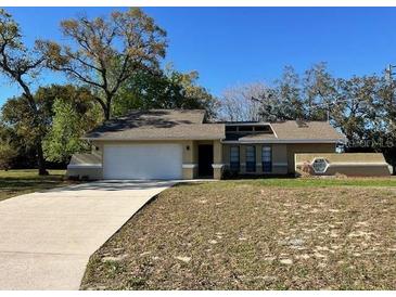 Charming single-story home with a well-maintained lawn and a spacious two-car garage at 11059 Maderia St, Spring Hill, FL 34608