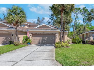 Charming home featuring a two-car garage, lush landscaping, and beautiful palm trees in the front yard at 2206 Preservation Dr # 2206, Plant City, FL 33566