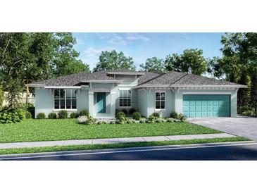 Charming single-story home boasts a light blue exterior, well-manicured lawn, and an attached two-car garage at 24276 Peppercorn Rd, Punta Gorda, FL 33955