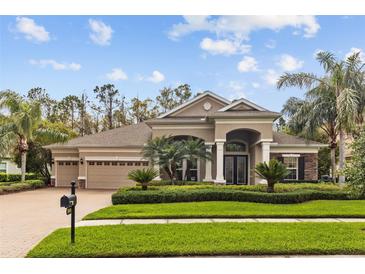 Beautiful home exterior showcasing a manicured lawn, mature trees, and a three-car garage at 3543 Watermark Dr, Wesley Chapel, FL 33544
