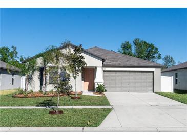 Well-maintained single-story home with a neat lawn, gray garage door, and freshly planted landscaping at 13355 Willow Bluestar Loop, Riverview, FL 33579