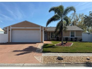 Charming single-story home with a well-manicured lawn and mature palm tree at 3120 Dole St, Holiday, FL 34691