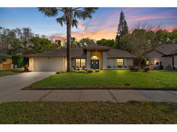 Inviting single-story home with lush lawn, mature palm, and charming curb appeal at dusk at 3342 Wedgewood Way, Tarpon Springs, FL 34688