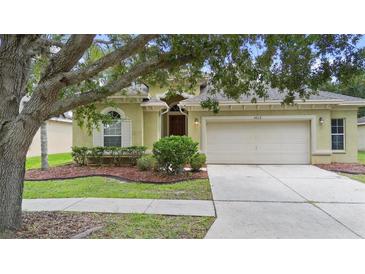 Charming single-story home featuring a well-manicured lawn and a two-car garage at 4515 Fieldview Cir, Wesley Chapel, FL 33545