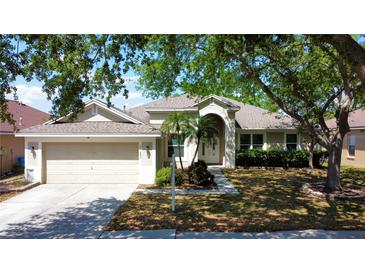 Charming single-story home with a well-manicured lawn, mature trees, and an attached two-car garage at 7123 Colonial Lake Dr, Riverview, FL 33578