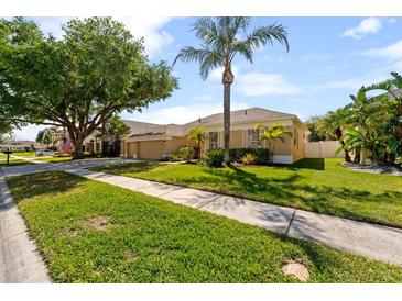 A beautifully landscaped home with a lush green lawn, mature trees, and a well-maintained exterior at 5123 Whispering Leaf Trl, Valrico, FL 33596