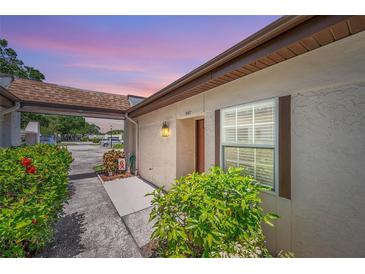Inviting front entrance with covered walkway and well-maintained landscaping for a charming curb appeal at 3147 Mission Grove Dr # 3147, Palm Harbor, FL 34684