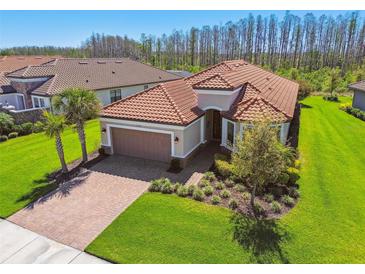 Beautiful home featuring a red tile roof, brick driveway, manicured lawn, and lush landscaping at 29488 Ginnetto Dr, Wesley Chapel, FL 33543
