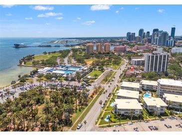Stunning aerial view of a coastal community with palm trees, pools, city skyline and waterfront access at 920 N Shore Ne Dr, St Petersburg, FL 33701