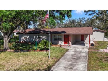 Charming single-story home boasts a well-manicured front yard and a welcoming red front door at 202 New Hope Rd, Brandon, FL 33510