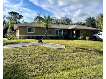 Charming single-story home featuring a lush green lawn and a decorative palm tree in the front yard at 229 Tazewell Dr, Port Charlotte, FL 33954