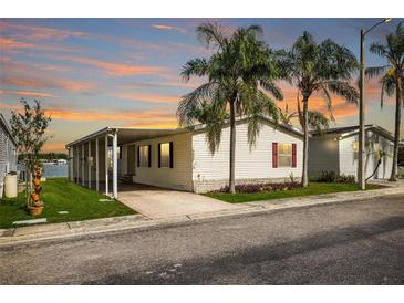 Charming single-story home with carport, lush lawn, and mature palm trees set against a colorful sunset sky at 8632 Fantasia Park Way, Riverview, FL 33578