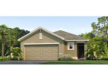 Charming single-story home featuring a neutral color scheme, a two-car garage, and well-maintained landscaping at 5519 Warrington Town Pass, Wesley Chapel, FL 33545