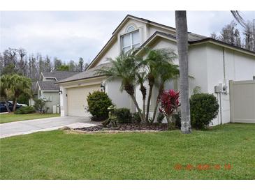 Charming home featuring a well-manicured lawn, mature palms and decorative landscaping at 30829 Iverson Dr, Wesley Chapel, FL 33543