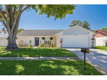 Charming single-story home with a well-manicured lawn, mature tree, and attached two car garage at 11012 Ashbourne Cir, Tampa, FL 33624