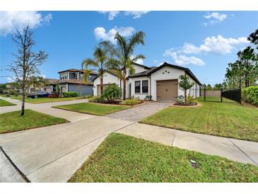 Charming single-Gathering home featuring a well-manicured lawn, palm trees, and a two-car garage at 19611 Cypress Bridge Dr, Odessa, FL 33556