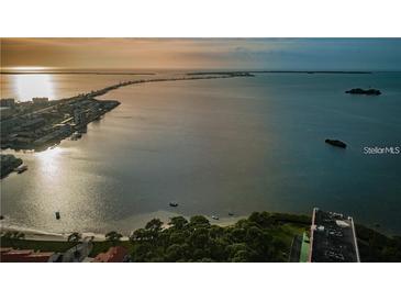 Beautiful aerial view featuring the bay, islands, and mainland at the Mediterranean Manors community at 2700 Bayshore Blvd # 588, Dunedin, FL 34698
