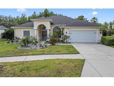 Charming single-story home with well-manicured lawn, mature landscaping, and a two car garage at 8833 Bel Meadow Way, Trinity, FL 34655