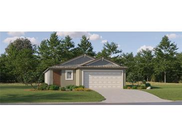 Charming single-story home with a two-car garage, manicured lawn, and well-maintained landscaping at 9425 Raised Tulip Ln, Land O Lakes, FL 34637