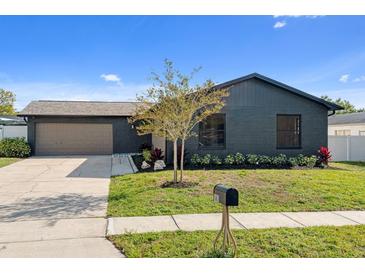 Charming home exterior with dark brick, a well-manicured lawn, and a welcoming driveway at 1981 Briarwood St, Dunedin, FL 34698