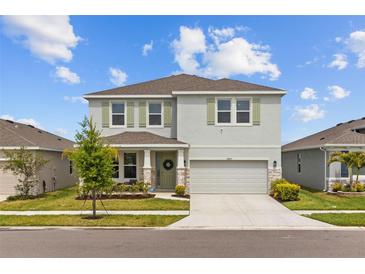 Charming two-story home with a well-manicured lawn and a two-car garage at 33645 Elm Hill Br, Wesley Chapel, FL 33545