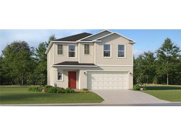 Charming two-story home with neutral siding, a red front door, and an attached two-car garage at 2277 Blue Grosbeak Pl, Wimauma, FL 33598
