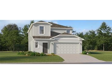 Charming two-story home features a two-car garage, neutral paint, a landscaped yard and architectural shingles at 2283 Blue Grosbeak Pl, Wimauma, FL 33598