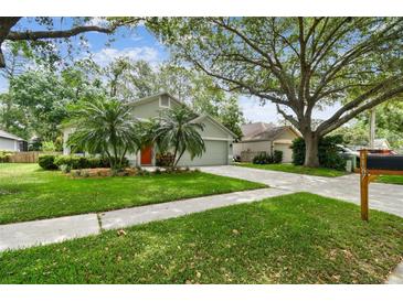 Charming single-story home with well-manicured lawn, lush landscaping, and a spacious driveway at 1187 Mistwood Dr, Tarpon Springs, FL 34688