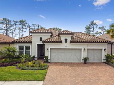 Charming home featuring a tile roof, brick driveway, and a well-manicured lawn at 8725 Sorano Villa Dr, Tampa, FL 33647