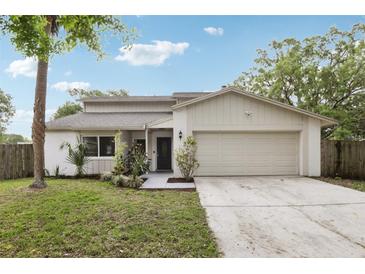 Charming single-Gathering home featuring a two-car garage, manicured lawn, and beautiful landscaping at 3802 Cloverhill Ct, Brandon, FL 33511