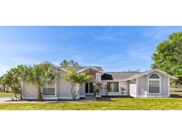 Charming single-story home features a well-manicured lawn, mature trees, and elegant architectural details at 2449 Running Oak Ct, Spring Hill, FL 34608