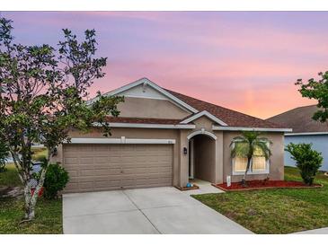 Charming single-story home with a well-maintained lawn and a two-car garage under a lovely dusk sky at 810 Fern Leaf Dr, Ruskin, FL 33570