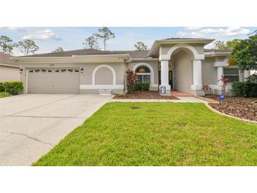 Inviting home exterior with a well-manicured lawn and a two car garage at 2159 Warwick Dr, Oldsmar, FL 34677
