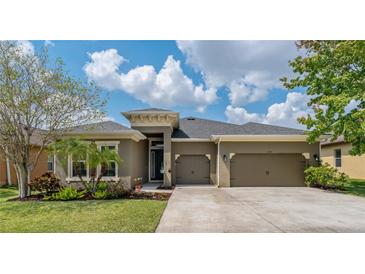Beautiful single-story home with a well-manicured lawn, mature landscaping, and a two-car garage at 4839 Pointe O Woods Dr, Wesley Chapel, FL 33543