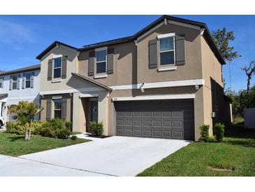 A charming two-story home with a manicured lawn and a two-car garage at 12957 Wildflower Meadow Dr, Riverview, FL 33579