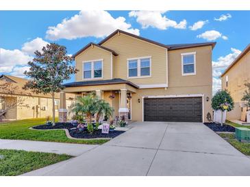 Two-story home with tan exterior, dark garage, landscaped front yard, and beautiful lawn at 21832 Crest Meadow Dr, Land O Lakes, FL 34637
