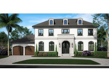Charming two-story home showcasing a brick facade, arched windows, and a well-manicured front lawn at 3021 W Lawn Ave, Tampa, FL 33611