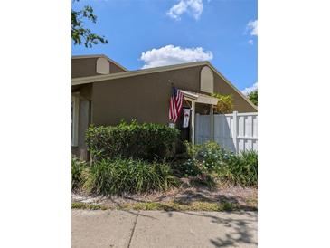 Charming home featuring a welcoming front entrance with lovely landscaping and an American flag at 7112 Eldorado Dr, Tampa, FL 33615