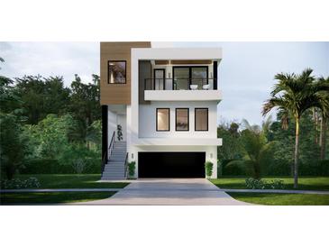 Modern three-story home with a balcony, wood accents, and a two-car garage at 664 Geneva Pl, Tampa, FL 33606