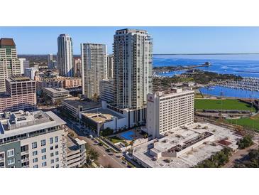 Stunning aerial view of the city showcasing high-rise buildings and waterfront marina in a vibrant urban setting at 301 1St S St # 2205, St Petersburg, FL 33701