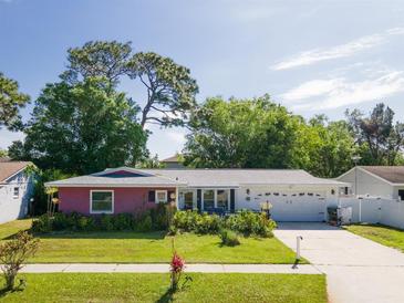 Charming single-story home featuring colorful exterior, lush landscaping, and a two-car garage at 2087 59Th N St, Clearwater, FL 33760