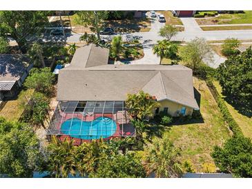 Aerial view of house featuring a screened-in pool surrounded by lush greenery and a well-manicured lawn at 2904 Pointer Pl, Seffner, FL 33584