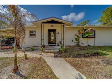 Charming home featuring a covered front entrance with a decorative front door and manicured landscaping at 9802 Eden Ave, Hudson, FL 34667