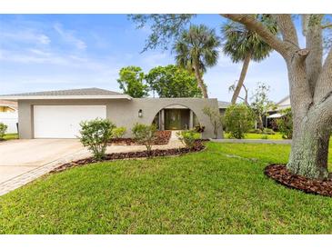 Charming home featuring lush green lawn, mature trees, and an arched entryway leading to the front door at 13841 89Th Ave, Seminole, FL 33776