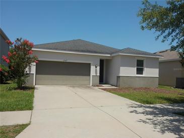 Inviting single-story home featuring a neutral color scheme, well-maintained lawn, and attached two-car garage at 11527 Southern Creek Dr, Gibsonton, FL 33534