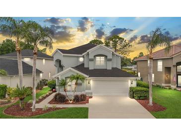 Beautiful two-story home featuring a well-manicured lawn, mature palm trees, and a pristine garage at 5403 Avenal Dr, Lutz, FL 33558