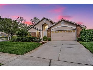 Charming single-Gathering home boasts a manicured lawn, lovely landscaping, and a two-car garage at 9008 Quail Creek Dr, Tampa, FL 33647