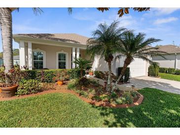 Charming home with lush landscaping, healthy green lawn, and decorative potted plants at 11225 Godwit Ct, New Port Richey, FL 34654