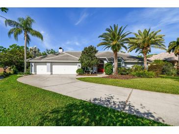 Beautiful home featuring palm trees, a well-manicured lawn, and a three car garage at 3398 Pinnacle S Ct, Palm Harbor, FL 34684
